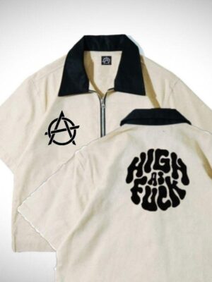 HIGH FUCK Work Shirt Zip Bordir Baju Lengan Pendek